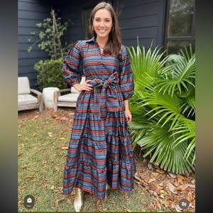 Maxi  with buttons down front half of dress with belt and gold metallic thread.
